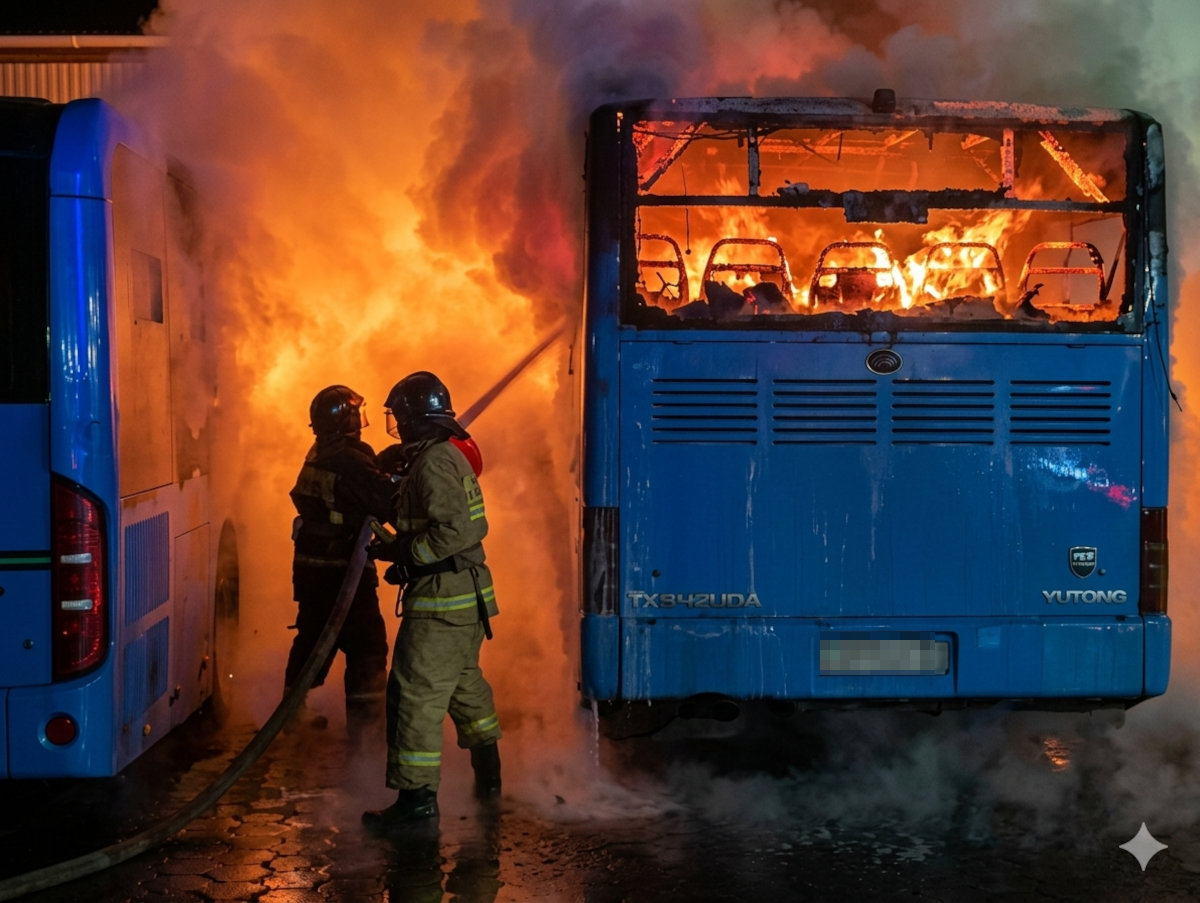 Ночной пожар в Карагандинской области: огонь с автобуса едва не уничтожил автопарк
