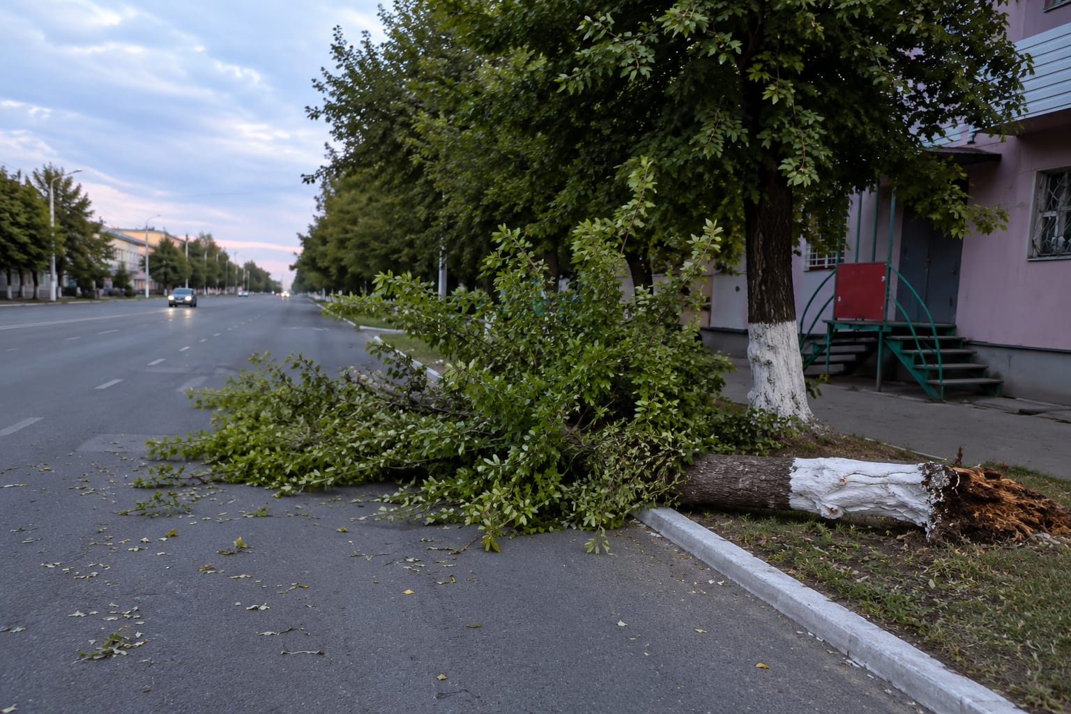 В Усть-Каменогорске упавшие деревья перекрыли дорогу и повредили автомобили